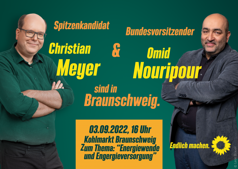 Bundesvorsitzender Omid Nouripour und Spitzenkandidat Christian Meyer werden in Braunschweig Fragen der Bürger*innen beantworten.